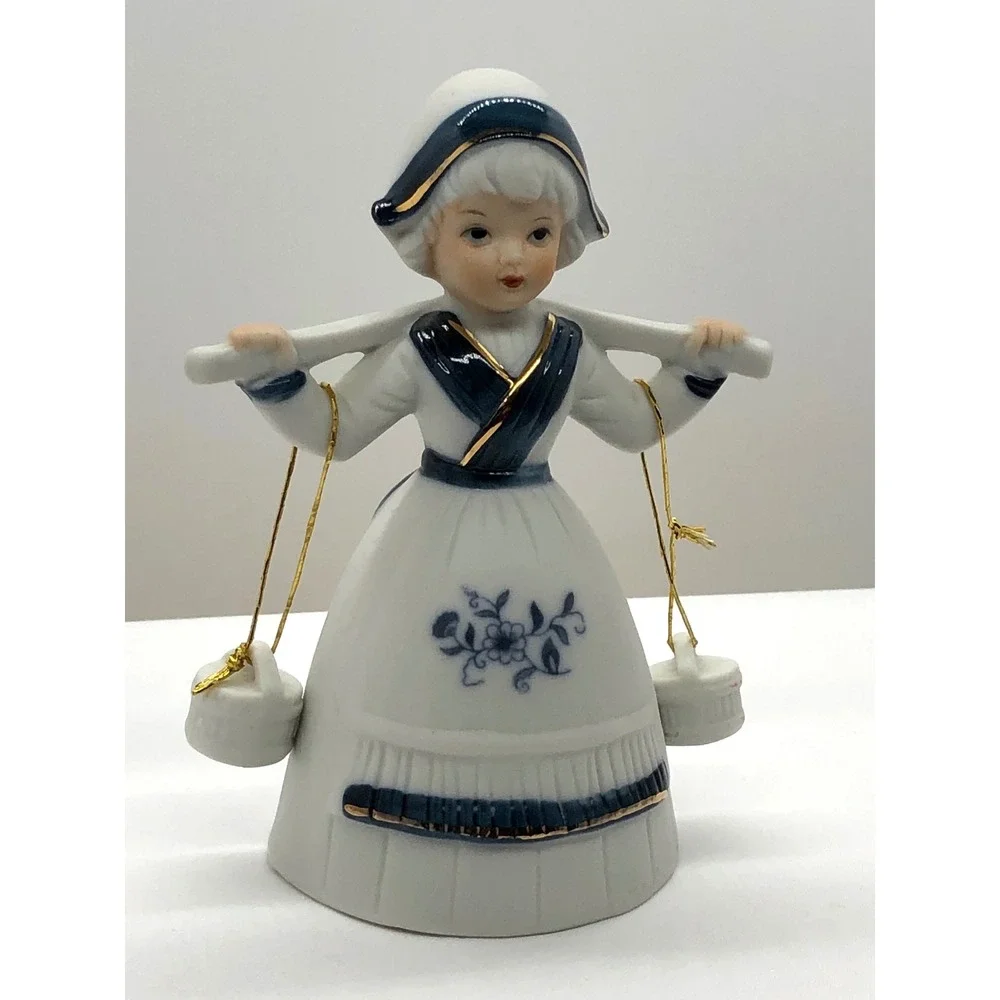 Vintage Dutch Girl Porcelain Bell Figurine Blue White Gold Gilt Water Carrier